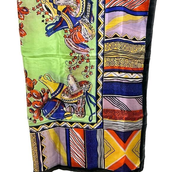 Scarf 100% Silk Mexican Fiesta Multi-Color Square Hand Rolled Hem 32” X 35” - Picture 4 of 10